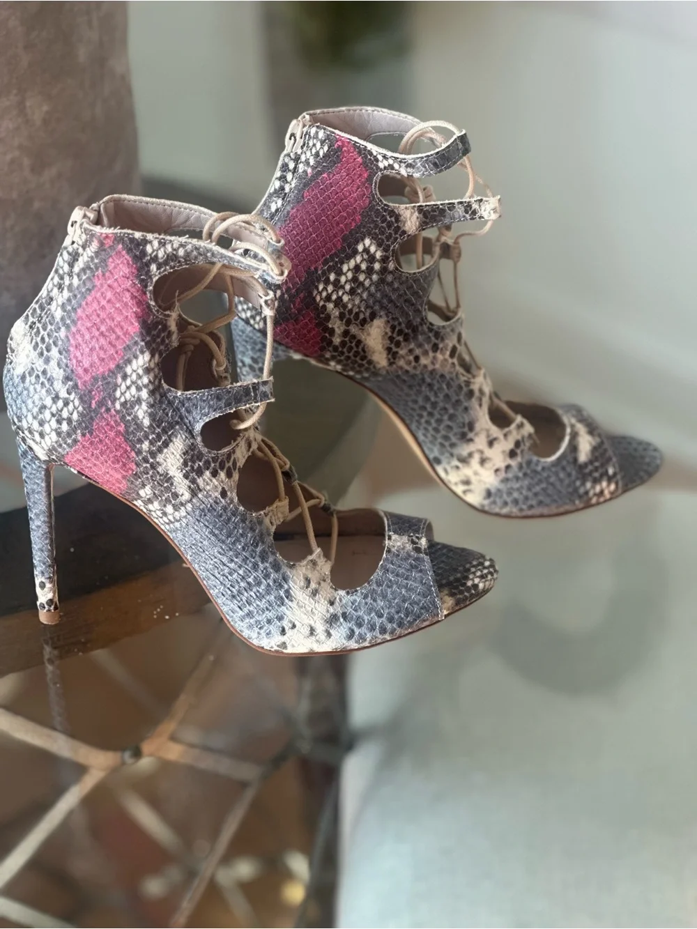 Zara Snake-Print Lace-Up leather Stiletto Heels in Pink and Neutral sz 39 (8 US)